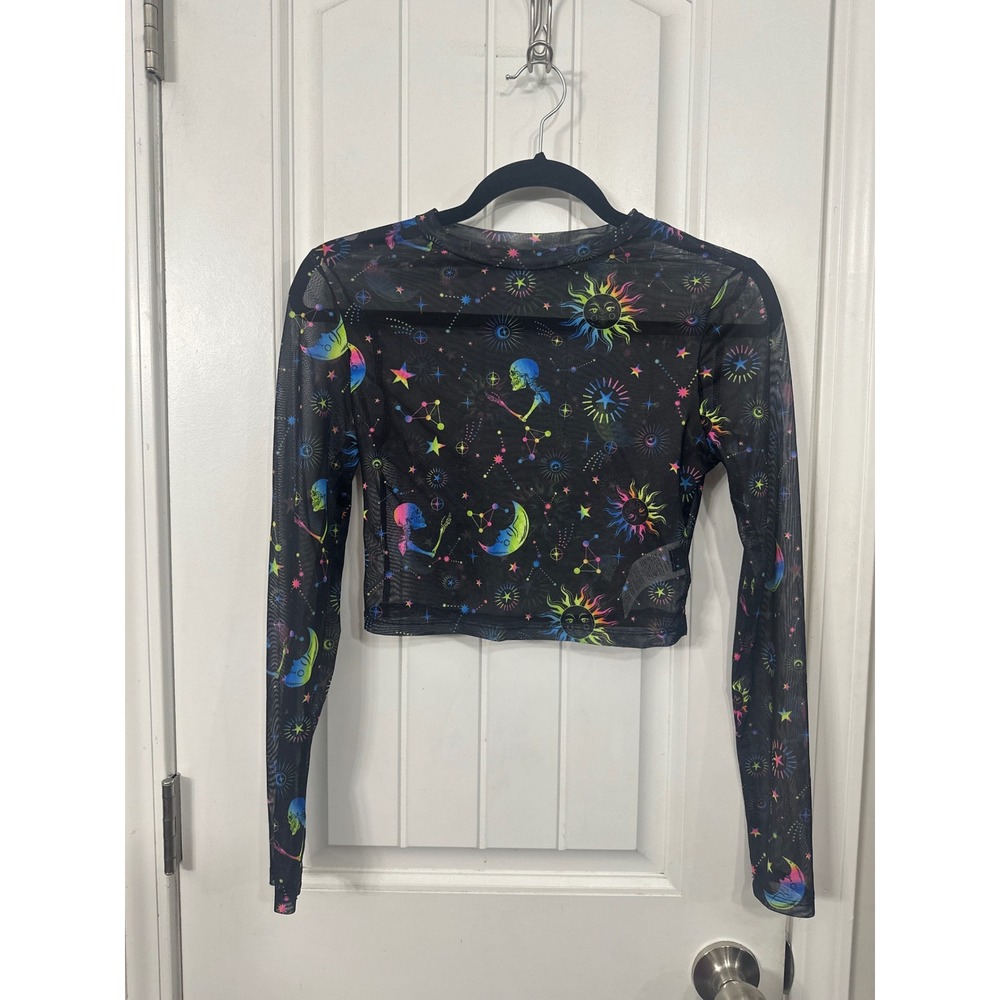 Celestial Mesh Long-Sleeve Crop Top - Black Multi